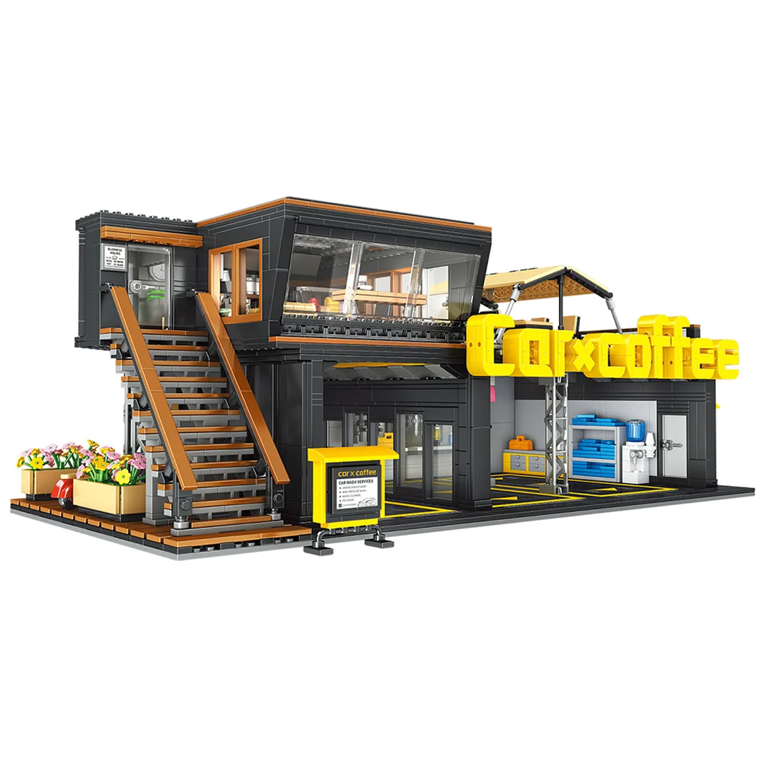 Kids Toys In Store - コーヒー自動車修理工場コーヒー車クラブビルディングブロック2496ピースストリートビューカフェストアモジュラーブリックおもちゃ子供大人ギフト