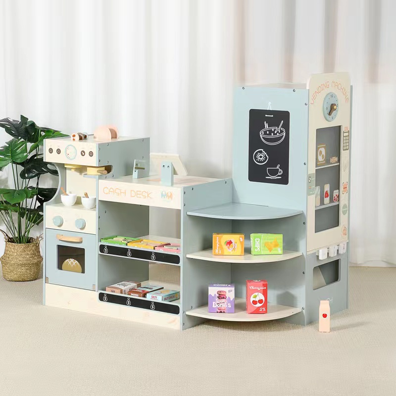Kids Toys In Store - 子供用木製食料品店プレイセット、子供用プレイストア木製スーパーマーケットプレイセット（レジ、コーヒー自動販売機付き）