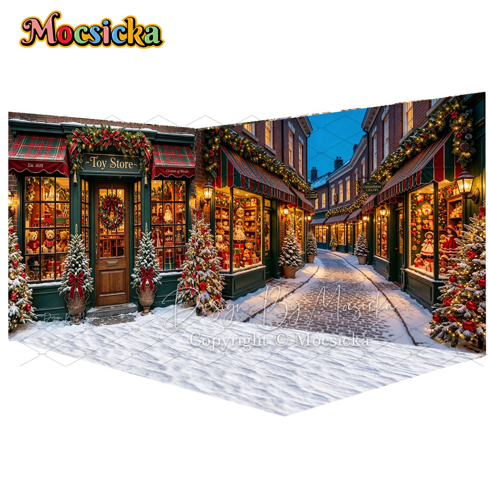 Kids Toys In Store - モシッカ クリスマスおもちゃ店 街角の背景幕 写真撮影 雪の降るヴィンテージ街 パインツリーの背景